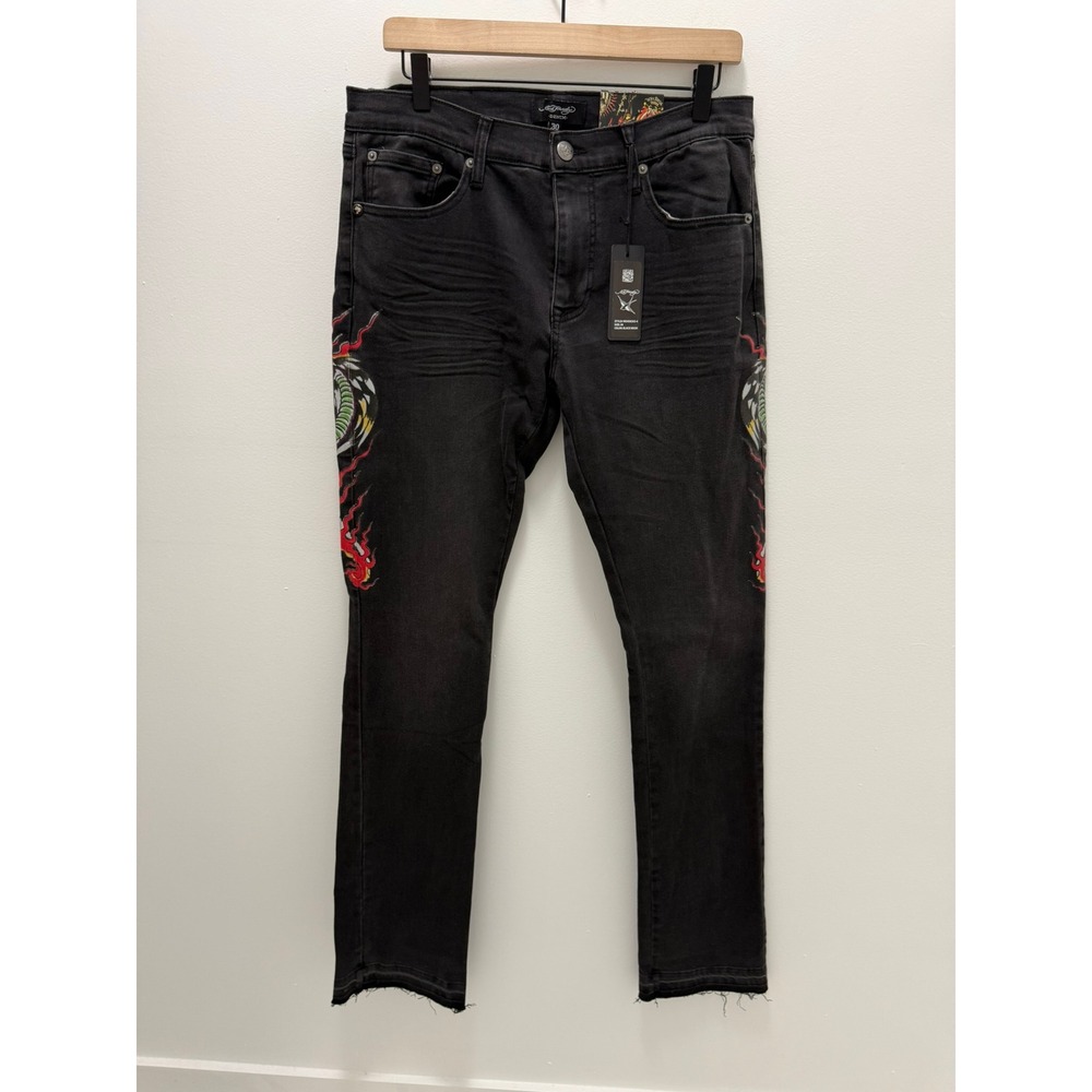 Ed Hardy Mens Black Wash Stacked Bootcut Tattoo Graphic Jeans 30 MEHD8303-4